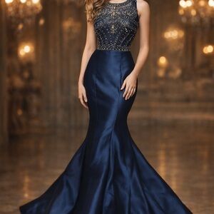 Xscape Navy Blue Embellished Prom Dress